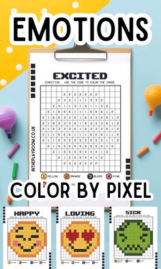 the color by pixell emotions game is shown on top of a clipboard