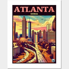 the atlanta skyline is shown in this retro poster