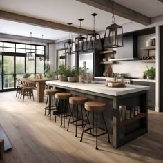 a large kitchen with an island and lots of stools