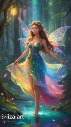 a beautiful fairy is walking through the woods