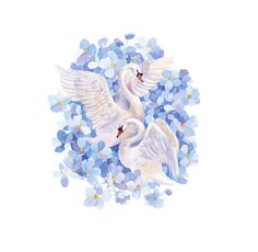 two white swans surrounded by blue flowers on a white background with the words, love is in the air