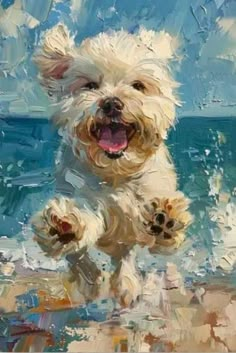 a painting of a white dog running on the beach with his paws in the air