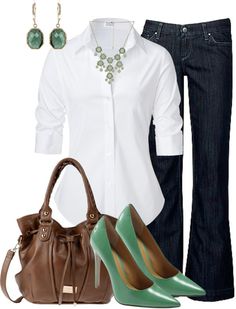 "classic trio" by meganpearl ❤ liked on Polyvore Jeans With Heels, Traje Casual, Green Shoes, Style Outfits, Look Chic, Primavera Estate