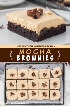 mocha brownies with coffee whipped cream on top and in the middle, sitting on a plate