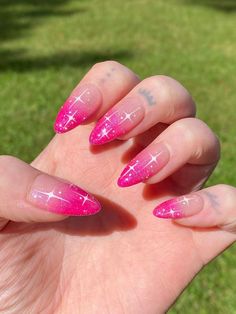 Pink Gel X Nails Almond, Taylor Swift Inspired Nails Lover, Soft Pink Nails Designs Art Ideas, Light And Hot Pink Nails, Dark Pink Christmas Nails, Glitter Placement Nails, Disco Themed Nails, Pink Simple Nail Designs, Pinkie Pie Nails