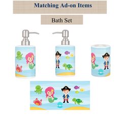 the little mermaid bathroom set includes soap dispenser, toothbrush holder and hand sanitizer