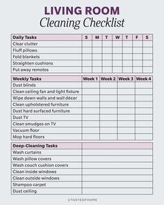 the living room cleaning checklist is shown in purple and white, with words above it