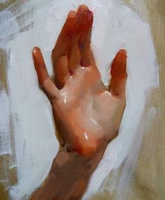 a painting of someone's hand on a brown and white background with red paint