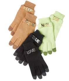 three pairs of gloves with the words love written on them, one in black and one in green