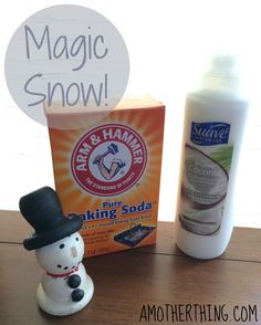 a bottle of soap next to a toy snowman