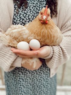 a woman holding two eggs in her hands with a chicken on it's back