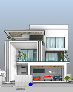 an artist's rendering of a modern house with two cars parked in the driveway