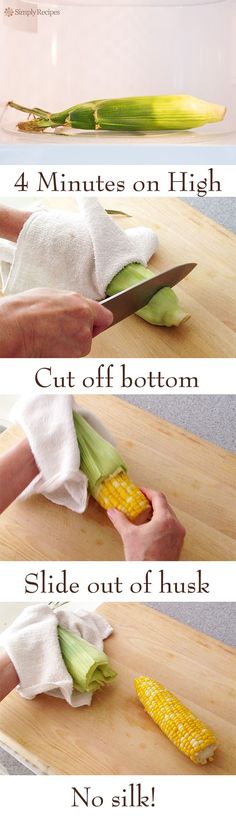 four pictures showing how to cut corn on the cob