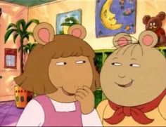 two cartoon characters standing next to each other in front of a room with teddy bears on the wall