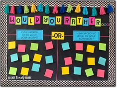 a bulletin board with post - it notes and tassels on it that says, would you rather do?