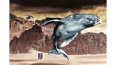 a painting of a humpback whale jumping out of the water to catch a beer