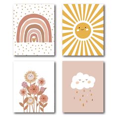 four different cards with sun, clouds and flowers on them in pastel pinks