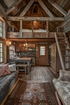 a living room filled with furniture next to a wooden ceiling covered in wood planks