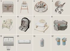 the baby items are arranged in different sizes and colors, including a stroller, crib, changing table, diaper bag, car seat, bottle holder, feeding tray