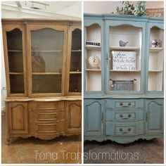 an old china cabinet is painted blue and has been refinished with chalk paint