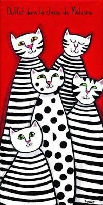 a painting of four cats in black and white striped dress with polka dots on red background