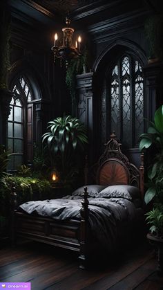 a bed in a room with lots of plants