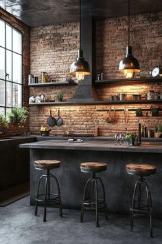 an industrial style kitchen with brick walls and wooden stools in front of the island