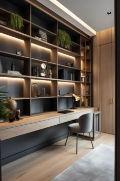 an office with built - in shelving and plants on the desk, along with two chairs