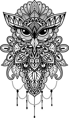 an owl's head made up of intricate patterns on a white background, suitable to be used as a tattoo or t shirt design