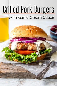 grilled pork burgers with garlic cream sauce