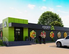 two men are standing in front of a green and black building that says assorti market