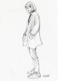 a black and white drawing of a person in a coat standing on a skateboard