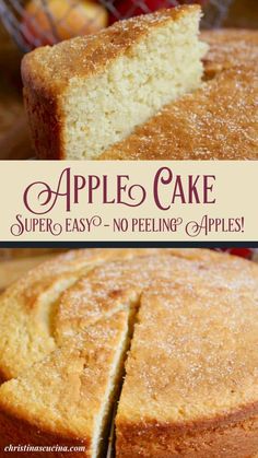 a close up of a cake with no butter on it and the words, apple cake with no butter