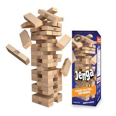 a stack of wooden blocks next to an unopened box