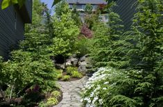 a stone path in the middle of a garden