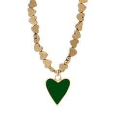 Green Heart Pendant Gold Hematite Stone Heart Shape Chain Necklace - Green Grounding Energy, Metallic Look, Hematite Stone, Green Heart, Heart Pendant Gold, Necklace Green, Hematite Beads, Pendant Gold, Green Necklace