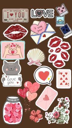 some stickers that are on the side of a wall with hearts and flowers in them