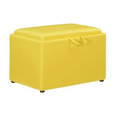 a yellow storage box with handles on the top and bottom, in front of a white background