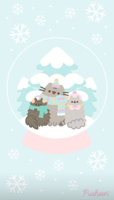 two cats in a snow globe with snowflakes on the ground and one cat is holding