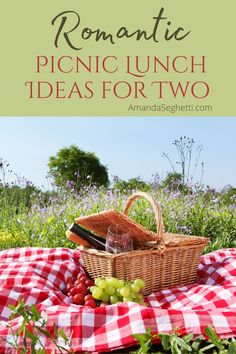 a picnic basket with wine and grapes on a checkered blanket in the middle of a field