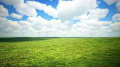 an open field with green grass under a cloudy blue sky