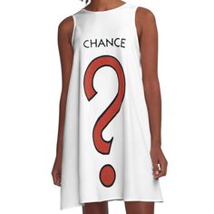 a woman wearing a white dress with the question mark on it