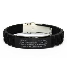 **You'll make your Son feel like the most important man in the world with this meaningful Bracelet.  Son Black Stainless Steel Silicone Bracelet  A wonderful way to tell your Son you love him, the stylish bracelet is made of stainless steel in black engraved with an inspiring message that will stay with him always.  A little something like this could make all the difference in your Son feeling loved while he wears it close every day - reminding himself how much joy you bring into his life each and every day you spend together. He'll feel extra special with the engraved meaningful message so your Son never forgets who give him such a meaningful present. Product Features - Son BRACELET - Gorgeous Handmade Engraved Black Stainless Steel Silicone Bracelet for Son. - It's an ideal Son gift idea Coworkers Gifts, Gifts For Employees, Boss Gifts, Hula Hooping, Bracelet Inspiration, Christian Bracelets, Police Gifts, Message Bracelet, Bracelet Christmas