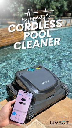 the ultimate cordless pool cleaner is on display next to an in - ground pool