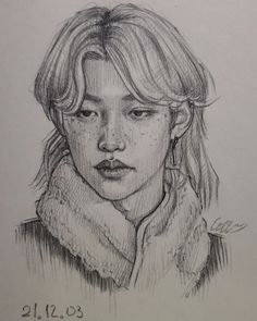 a pencil drawing of a girl with long hair wearing a fur collar and earrings