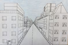 a drawing of a city street with buildings on both sides and one building in the middle