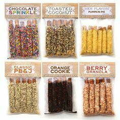 six bags of chocolate sprinkles are shown in different colors and flavors,