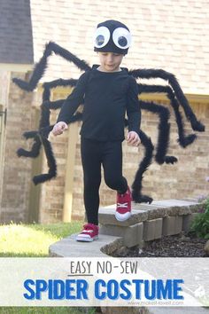 a young boy wearing a spider costume with the words easy no sew spider costume