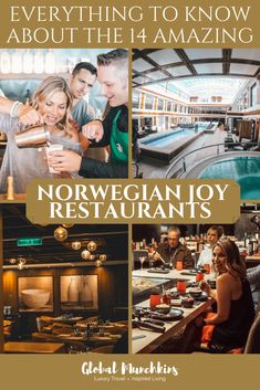 an advertisement for norwegian food restaurant, featuring photos of people eating and drinking at the bar