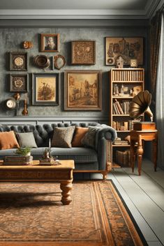 a living room filled with furniture and lots of framed pictures on the wall above it